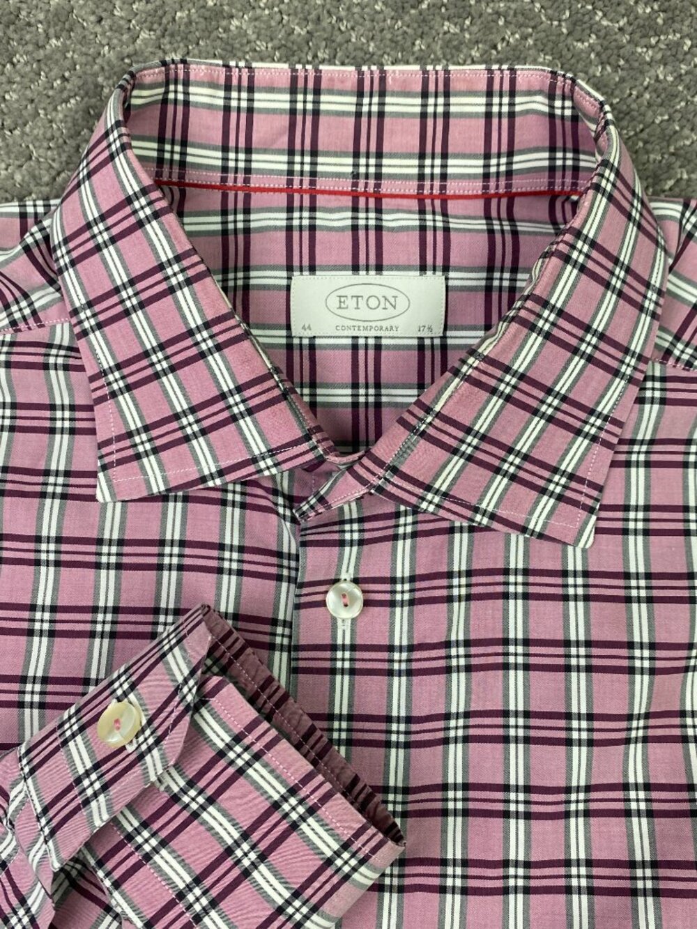Eton Contemporary Shirt Mens 44 17.5 Pink Purple Check Plaid Dress Button Down
